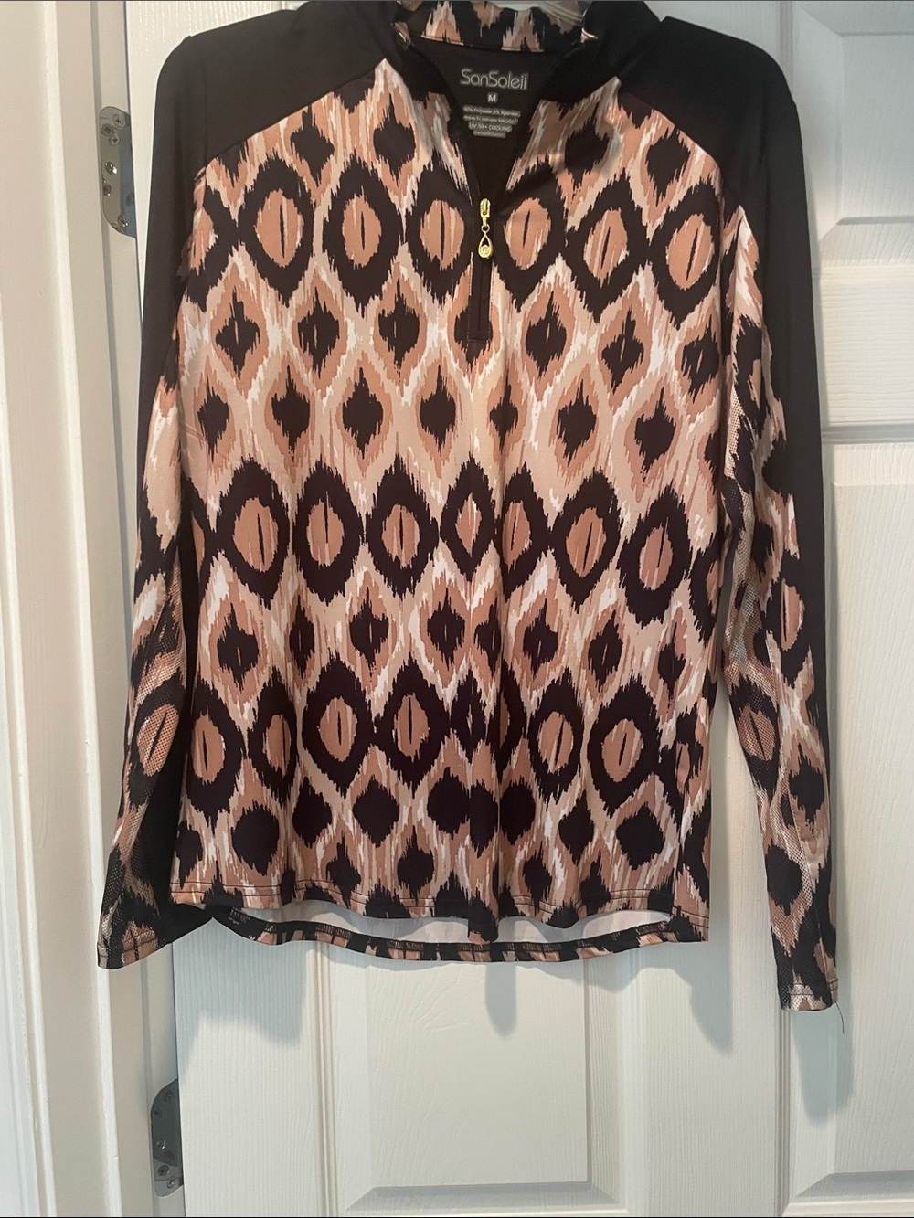 SanSoleil Black & Beige Long-Sleeve Zip Front Top